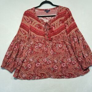 American Eagle Womens Medium Boho Peasant Top Red Paisley Balloon Sleeve Viscose